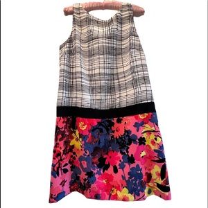 Ann Taylor Loft dress fuchsia floral bottom white black top, trendy all season